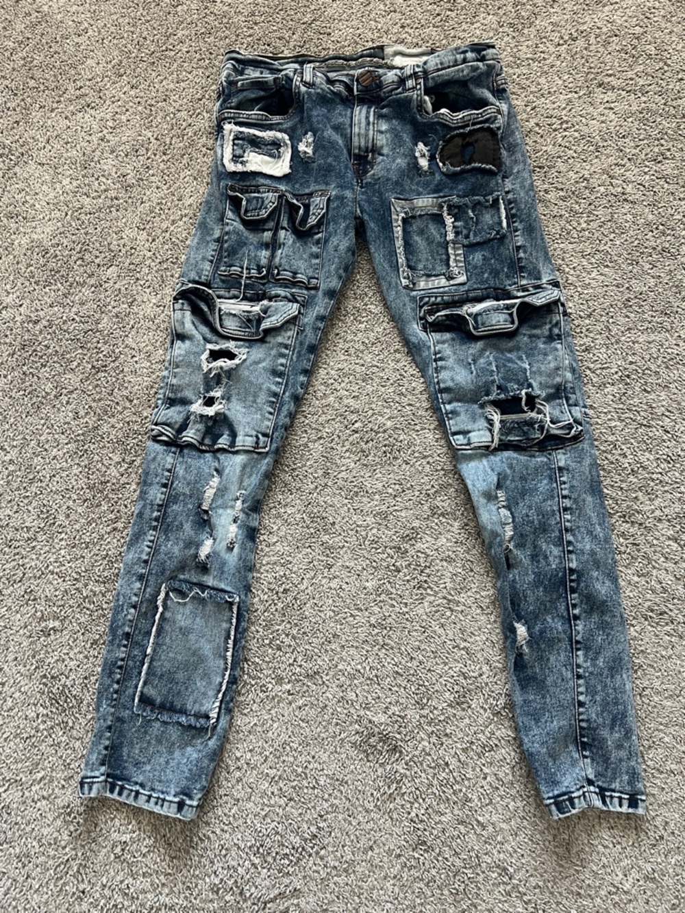 FWRD Denim Men's Distressed Patchwork Blue Slim Cargo Jeans - Size 34x32
